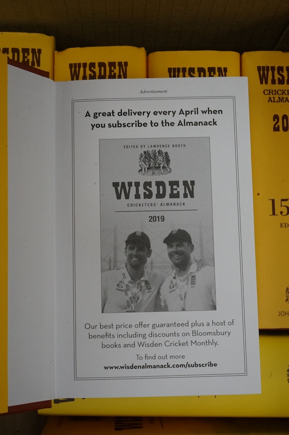 Wisden Cricketers' Almanack, 1995-2021, (27 vols.) many photo illus. (incl. coloured plates), adverts.; publisher's gilt lettered cloth (or faux leather), d/wrappers